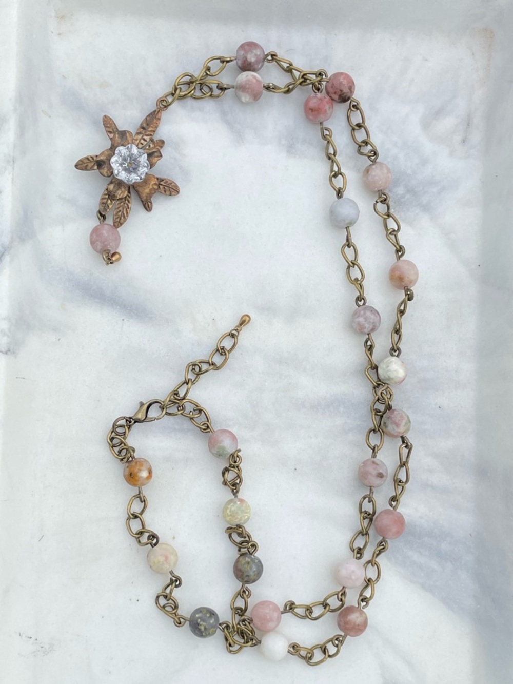 Natural Stone Chain Link Necklace with Glass Lotus Flower, 30”